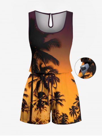 Plus Size Coconut Tree Ombre Dusk Print Hawaii Drawstring Pocket Romper - ORANGE - 2X