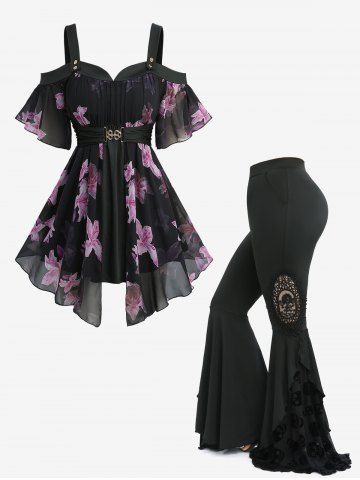 Flowers Print Chiffon Asymmetrical Cold Shoulder Blouse and Skull Flocking Appliques Flare Pants Plus Size Outfit - BLACK