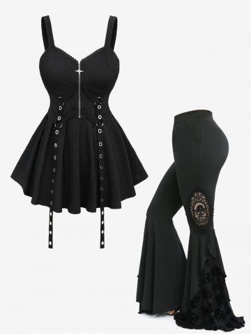 Lace Trim Straps Star Zipper Plisse Tank Top and Skull Flocking Appliques Flare Pants Plus Size Outfit - BLACK