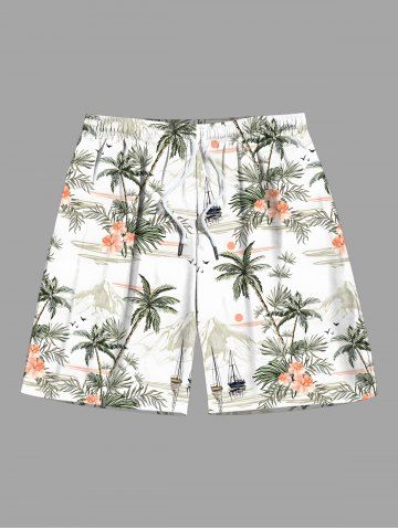 Plus Size Coconut Tree Hibiscus Flowers Sun Mountain Print Hawaii Beach Shorts For Men - WHITE - 8XL