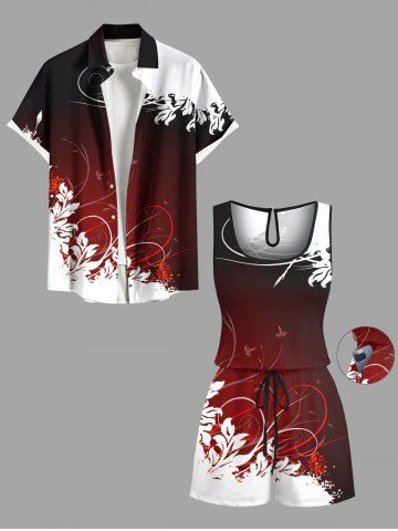 Matching Hawaii Shirt and Romper Plus Size Beach Outfit Tropical Leaf Ombre Colorblock Printed for Couples
