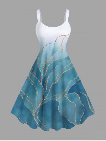 Plus Size Tropical Leaf Ombre Sparkling Sequin 3D Print Hawaii Tank Dress - GREEN - 5X