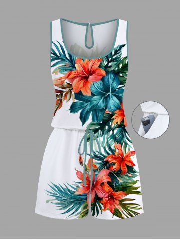 Plus Size Tropical Leaf Hibiscus Flowers Print Cinched Hawaii Romper - WHITE - S
