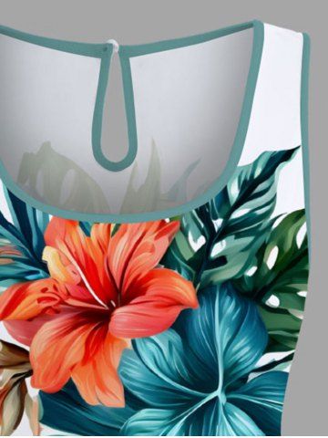 Plus Size Tropical Leaf Hibiscus Flowers Print Cinched Hawaii Romper