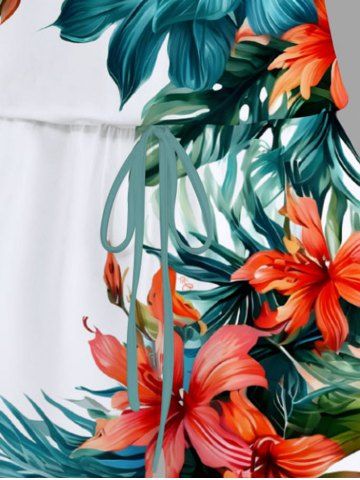 Plus Size Tropical Leaf Hibiscus Flowers Print Cinched Hawaii Romper