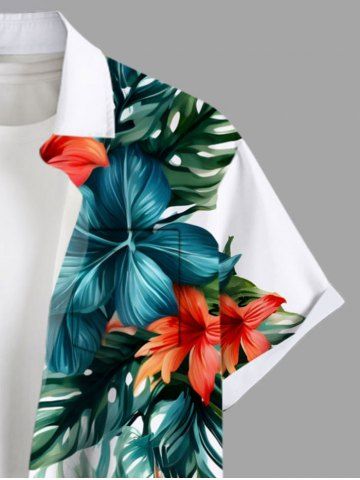 Plus Size Tropical Leaf Hibiscus Flowers Print Buttons Pocket Hawaii Shirt For Men