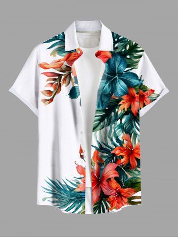 Plus Size Tropical Leaf Hibiscus Flowers Print Buttons Pocket Hawaii Shirt For Men