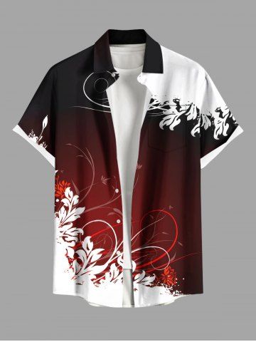 Plus Size Tropical Leaf Ombre Colorblock Print Buttons Pocket Hawaii Shirt For Men - DEEP RED - 6XL