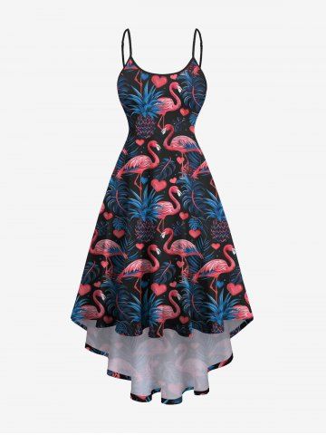 Plus Size Flamingo Pineapple Tropical Leaf  Print High Low Hawaii Cami Dress - DEEP BLUE - XS