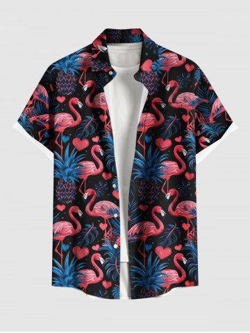 Plus Size Flamingo Pineapple Tropical Leaf Print Buttons Pocket Hawaii Shirt For Men - BLUE - XL