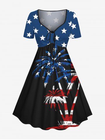 Plus Size Patriotic American Flag Coconut Tree Print Cinched Dress - BLACK - XXS