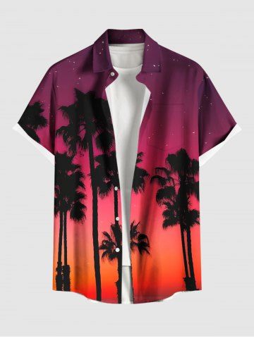 Plus Size Coconut Tree Ombre Dusk Galaxy Print Hawaii Button Pocket Shirt For Men - RED - 6XL