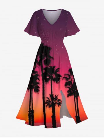 Plus Size Coconut Tree Ombre Dusk Galaxy Print Hawaii Split Pocket A Line Midi Dress - RED - 2X