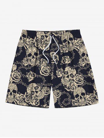 Plus Size Skulls Rose Flowers Print Beach Shorts For Men - BLACK - 7XL