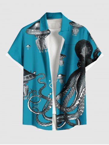 Plus Size Octopus Jellyfish Print Hawaii Sea Creatures Button Pocket Shirt For Men - GREEN - 6XL