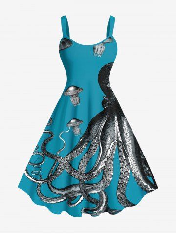 Plus Size Octopus Jellyfish Print Hawaii Sea Creatures A Line Tank Dress - GREEN - 3X