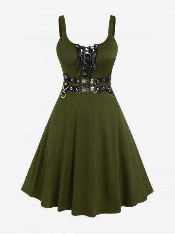 Plus Size Lace Up Grommets Fit and Flare Dress - GREEN - 1X | US 14-16