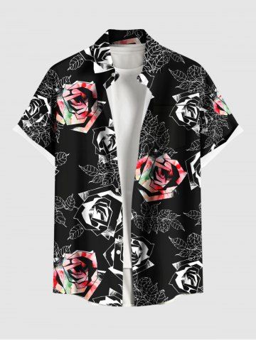 Plus Size Ombre Rose Flower Leaves Branch Print Hawaii Button Pocket Shirt For Men - BLACK - 2XL