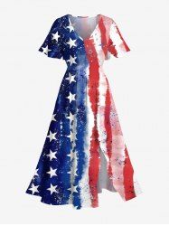 Plus Size Distressed Patriotic American Flag Print Split Pocket A Line Midi Dress -  
