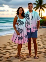 Tenue de plage hawaïenne assortie grande taille à imprimé cocotier ombré colorblock pour couples - Rose clair 