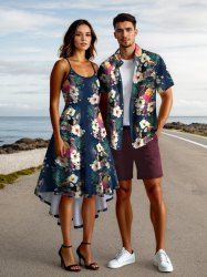 Tropical Leaf Hibiscus Flowers Flamingo Pineapple Print Plus Size Matching Hawaii Beach Outfit For Couples -  