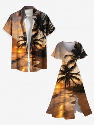 Tenue de plage hawaïenne assortie grande taille, motif cocotier, plage, coucher de soleil ombré, pour couples - Orange 