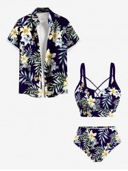 Tropical Leaf Branch Hibiscus Flower Print Shirt Swimsuit Plus Size Matching Hawaii Beach Outfit For Couples -  