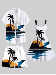 Coconut Tree Sea Dolphin Sun Print Plus Size Matching Hawaii Beach Outfit For Couples -  