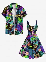 Tenue de plage hawaïenne assortie grande taille à imprimé feuilles tropicales, fleurs et oiseaux, colorée et ombrée, pour couples - Noir 