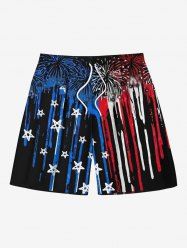 Plus Size Patriotic American Flag Fireworks Print Drawstring Beach Shorts For Men -  