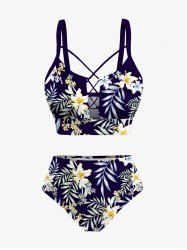 Tropical Leaves Branch Hibiscus Floral Printed Hawaii Lace Up Tankini Swimsuit (Adjustable Shoulder Strap) -  
