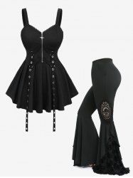 Lace Trim Straps Star Zipper Plisse Tank Top and Skull Flocking Appliques Flare Pants Plus Size Outfit -  