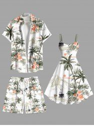 Tenue de plage hawaïenne assortie grande taille, motif cocotier, feuilles tropicales, fleurs d'hibiscus, pour couples - Blanc 