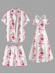 Hibiscus Flowers Tropical Leaf Flamingo Print Plus Size Matching Hawaii Beach Outfit For Couples -  