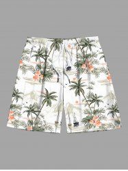 Short de plage hawaïen grande taille à imprimé cocotiers, fleurs d'hibiscus, soleil et montagne pour homme - Blanc 2XL
