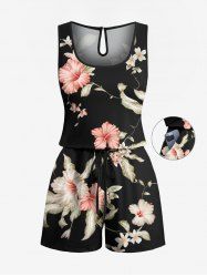 Combinaison hawaïenne cintrée grande taille à imprimé feuilles tropicales et fleurs d'hibiscus - Noir XS