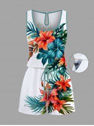 Combinaison hawaïenne cintrée grande taille à imprimé feuilles tropicales et fleurs d'hibiscus - Blanc 4X