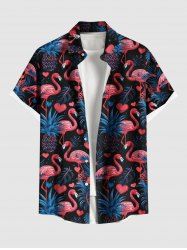 Plus Size Flamingo Pineapple Tropical Leaf Print Buttons Pocket Hawaii Shirt For Men -  