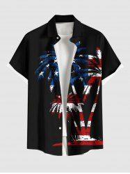 Plus Size Patriotic American Flag Coconut Tree Print Buttons Pocket Shirt For Men -  