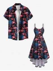 Tenue de plage hawaïenne assortie grande taille à imprimé flamant rose, ananas et feuilles tropicales pour couples - Bleu profond 