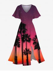 Robe mi-longue hawaïenne grande taille à imprimé cocotiers, ombré, crépuscule et galaxie, avec poches fendues - Rouge L