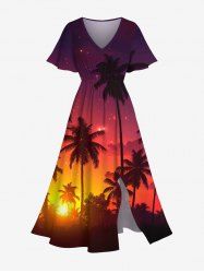Plus Size Coconut Tree Galaxy Print Split Hawaii Midi Dress -  