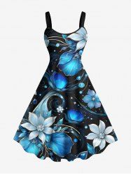 Plus Size Ombre Flower Leaves Galaxy Print Hawaii A Line Tank Dress -  