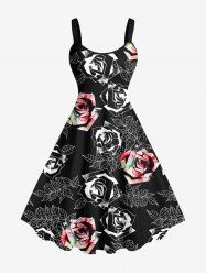 Plus Size Ombre Rose Flower Leaves Branch Print Hawaii A Line Tank Dress -  
