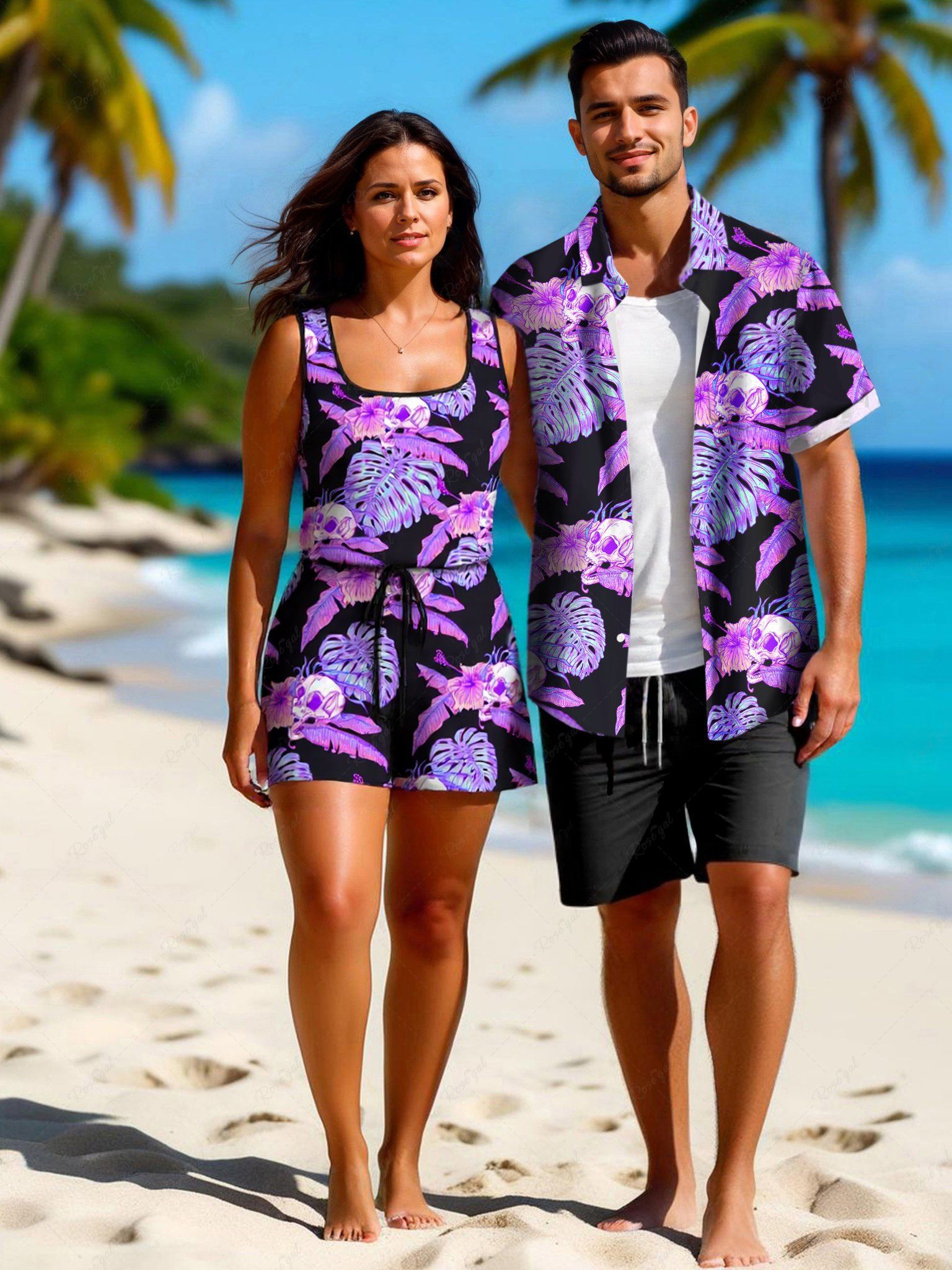 Online Matching Hawaii Shirt and Romper Plus Size Beach Outfit Tropical Leaf Hibiscus Printed for Couples  