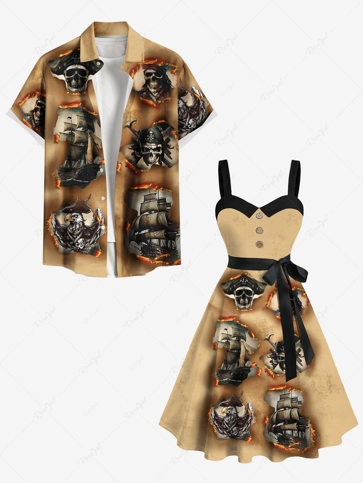 Tenue de plage hawaïenne assortie grande taille, motif crâne, bateau pirate, aigle, feu, flamme, déchiré, imprimé 3D, pour couples café 