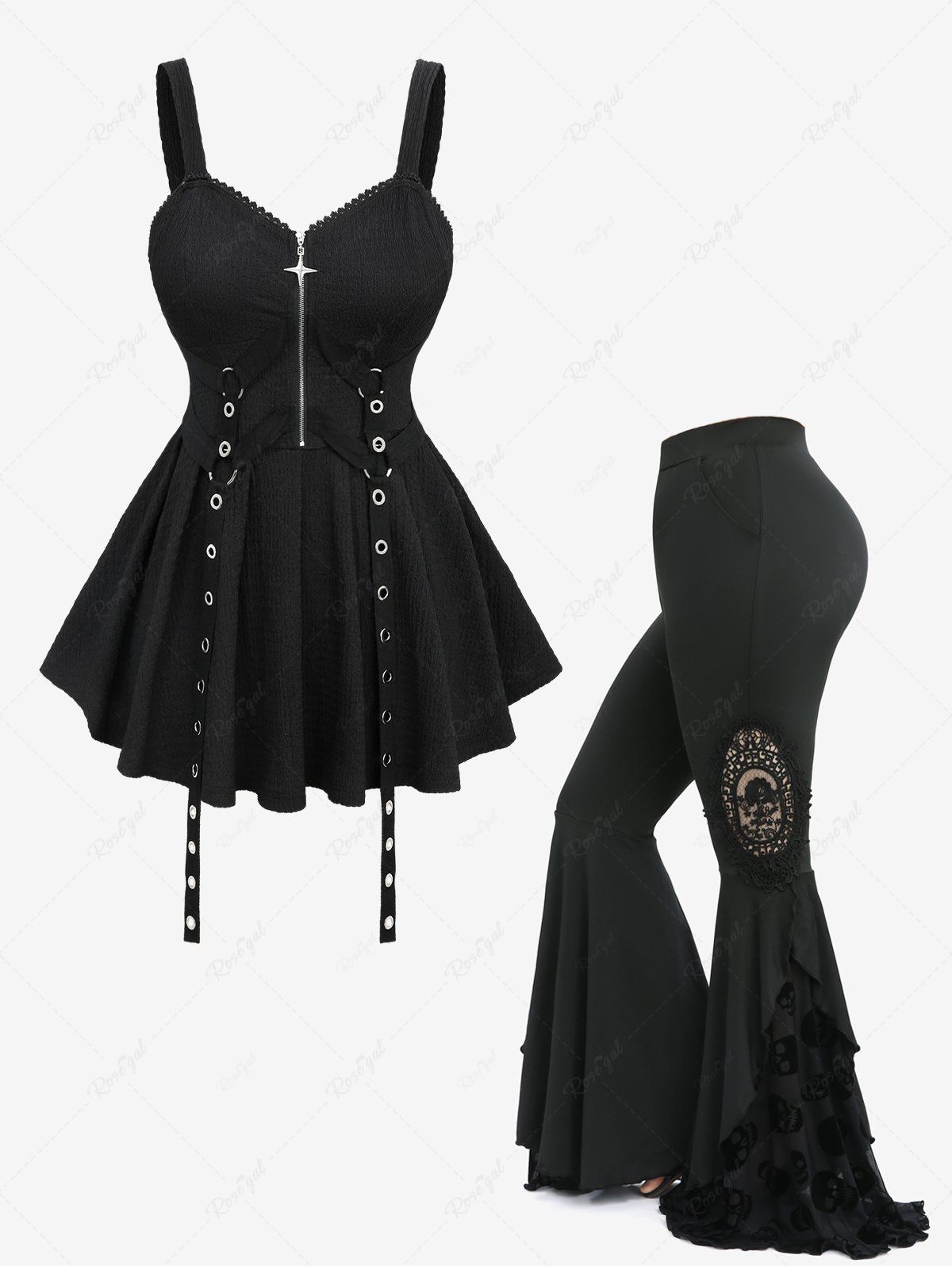 Best Lace Trim Straps Star Zipper Plisse Tank Top and Skull Flocking Appliques Flare Pants Plus Size Outfit  