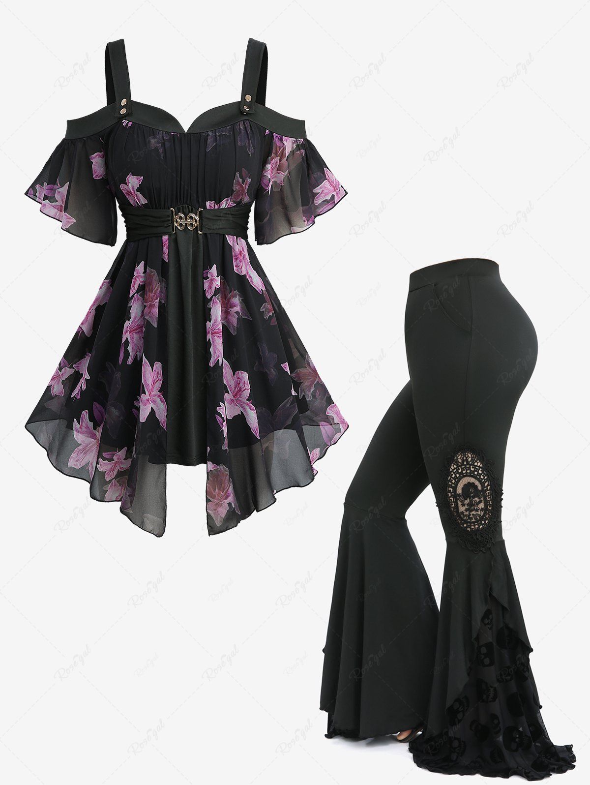Hot Flowers Print Chiffon Asymmetrical Cold Shoulder Blouse and Skull Flocking Appliques Flare Pants Plus Size Outfit  