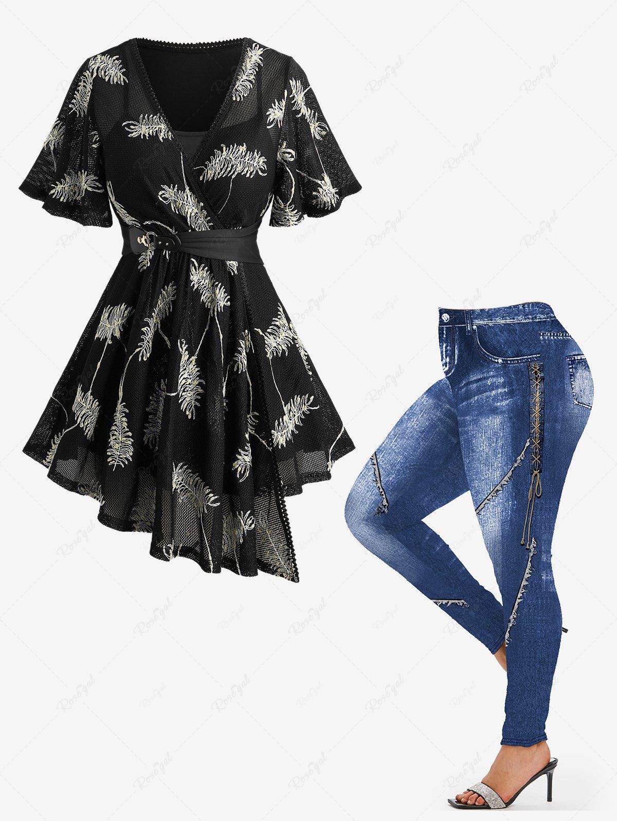 Unique Feather Jacquard Embroidery Asymmetric 2 in 1 Top and 3D Denim Lace Up Topstitching Print Leggings Plus Size Outfit  