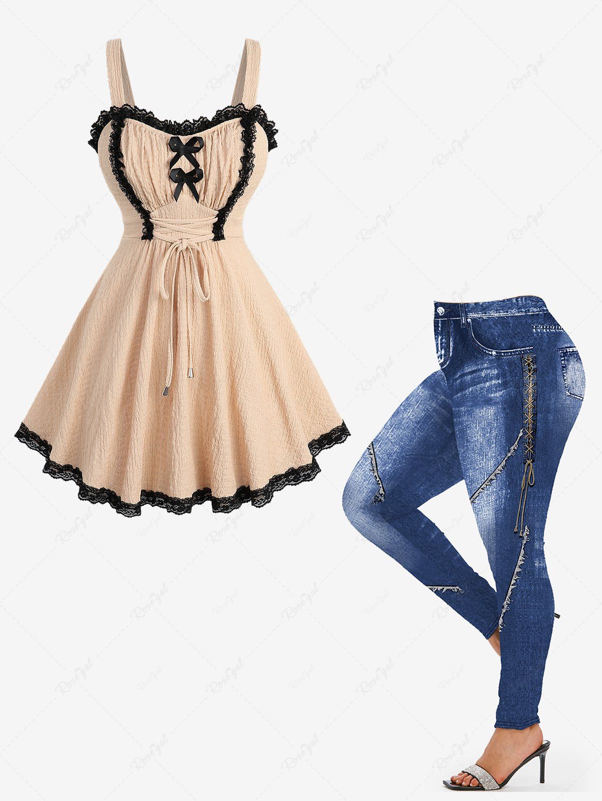 Fashion Bowknot Textured Two Tone Top and 3D Denim Lace Up Topstitching Print Leggings Plus Size Outfit  